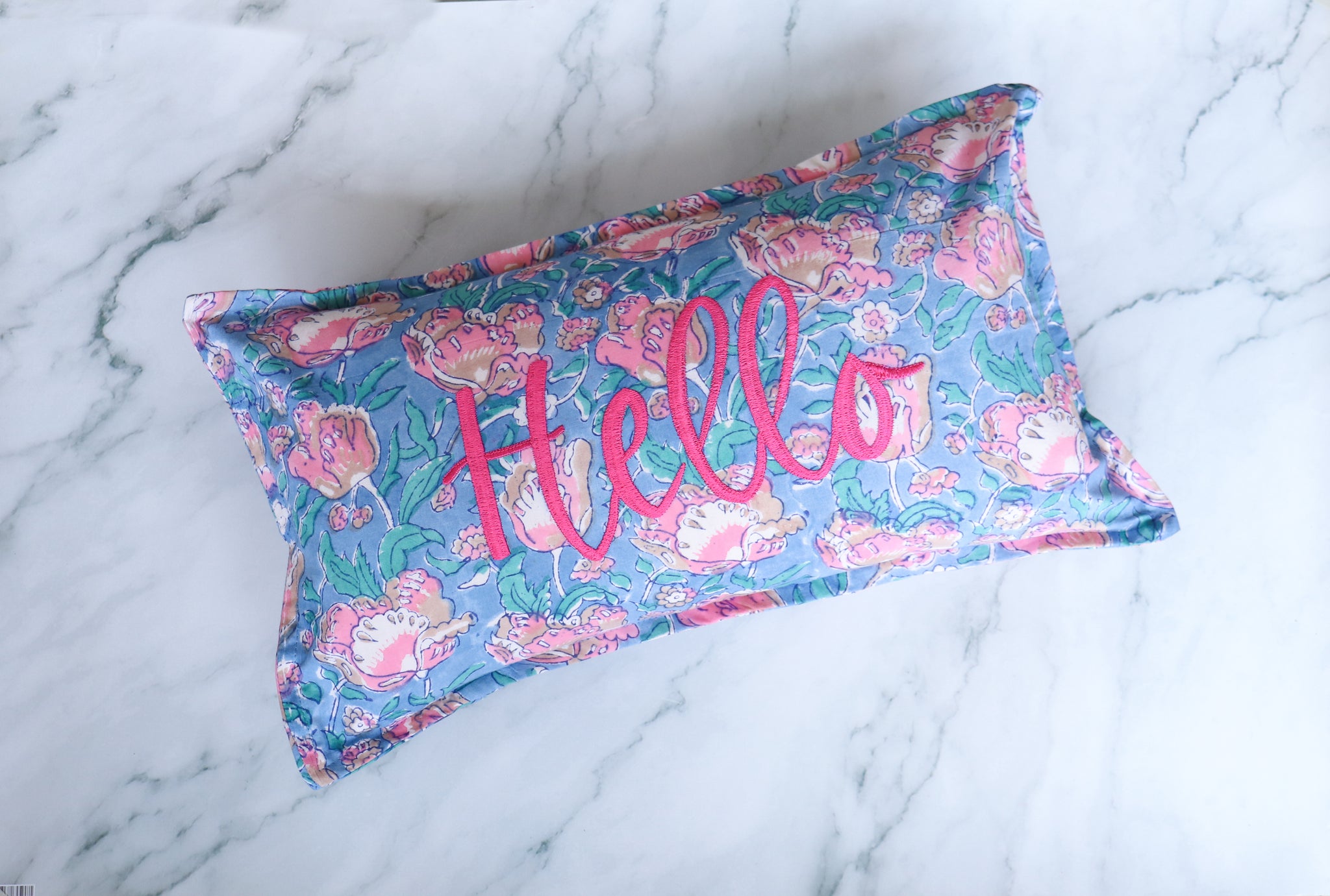 Hello Hand Embroidered Pillow