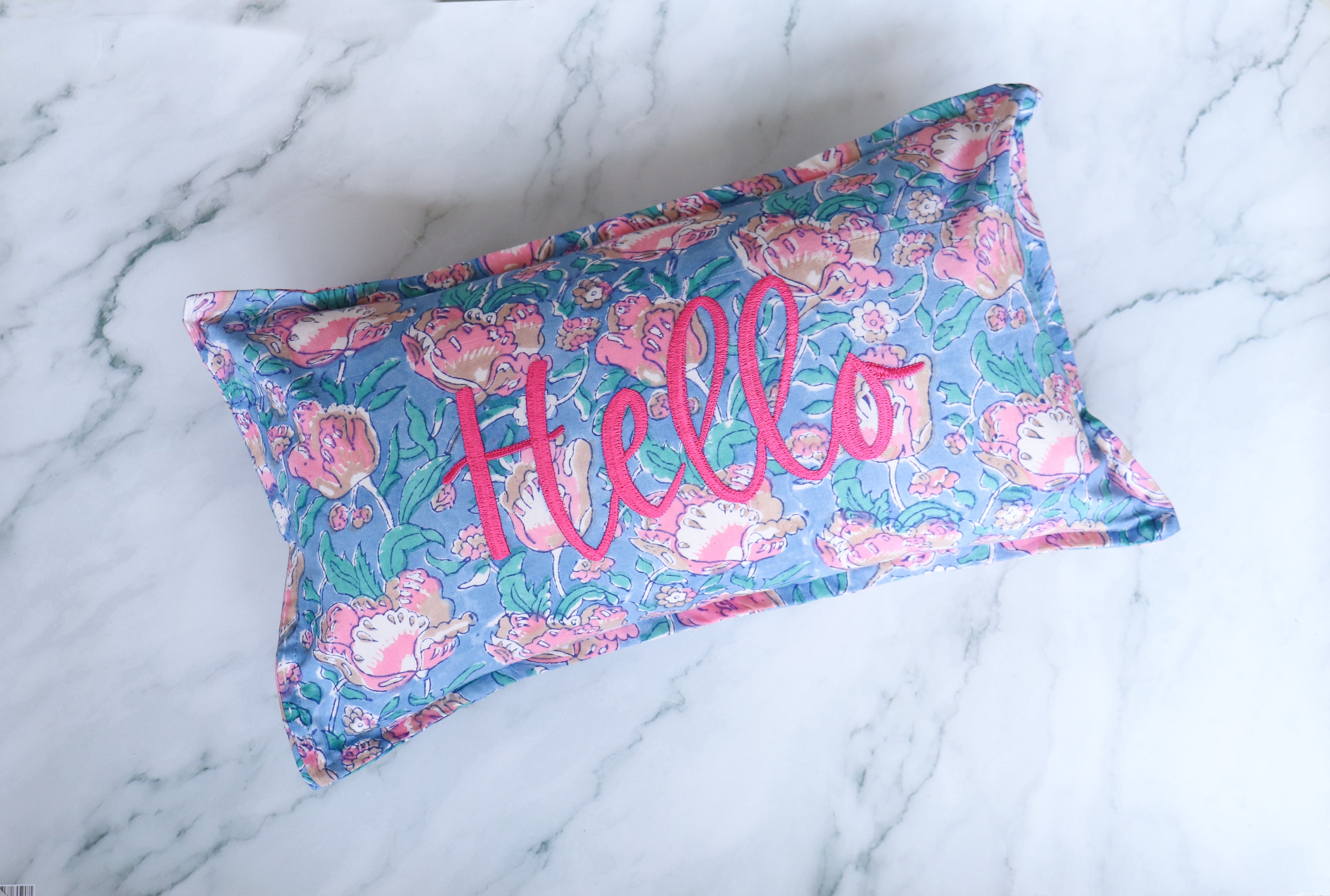 Hello Hand Embroidered Pillow 12x20 | Hand Block Printed Lumbar Cushion | Handmade Cotton Accent Pillow | Valentine Gift Decor