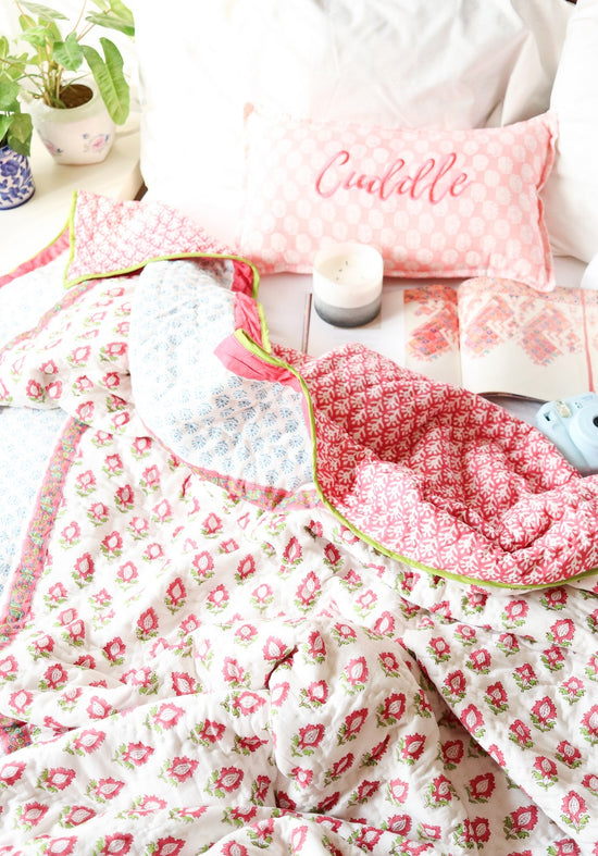 Whimsical Garden: Pink Playful Enchantment Cotton Quilt