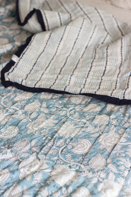 Regal Country Charm: Artisan English Blue Block Print Cotton Quilt