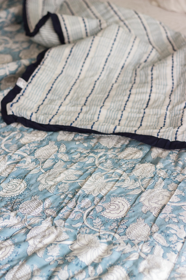 Regal Country Charm: Artisan English Blue Block Print Cotton Quilt