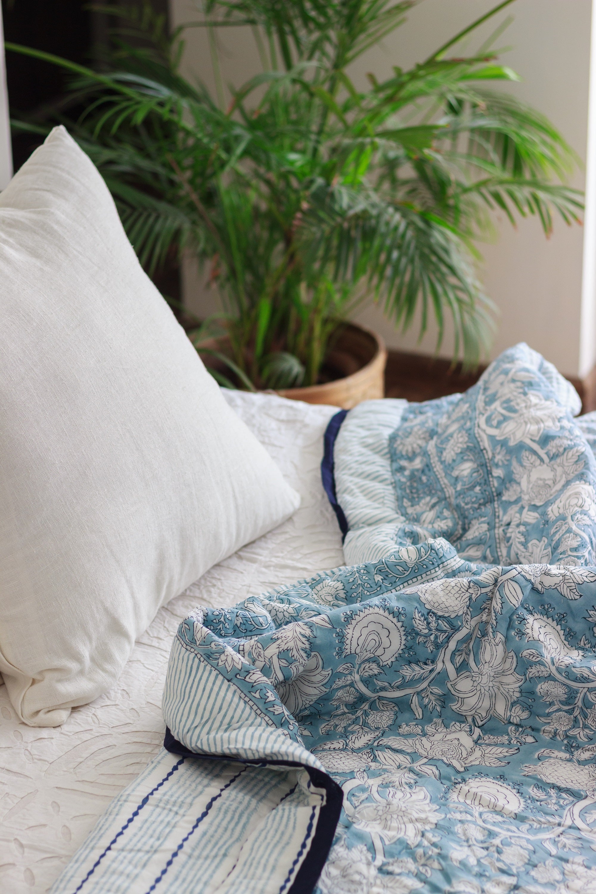 Regal Country Charm: Artisan English Blue Block Print Cotton Quilt