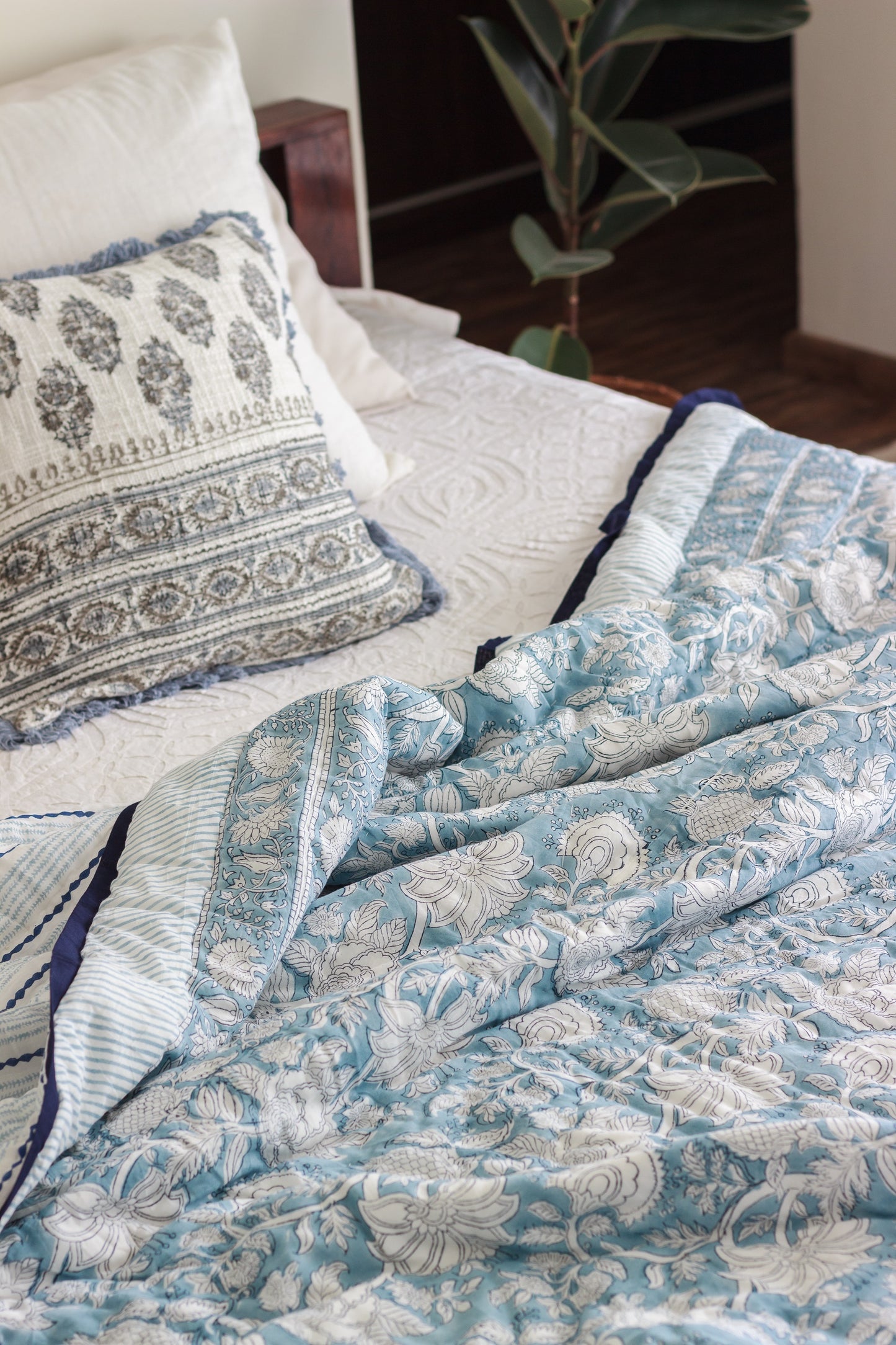 Regal Country Charm: Artisan English Blue Block Print Cotton Quilt