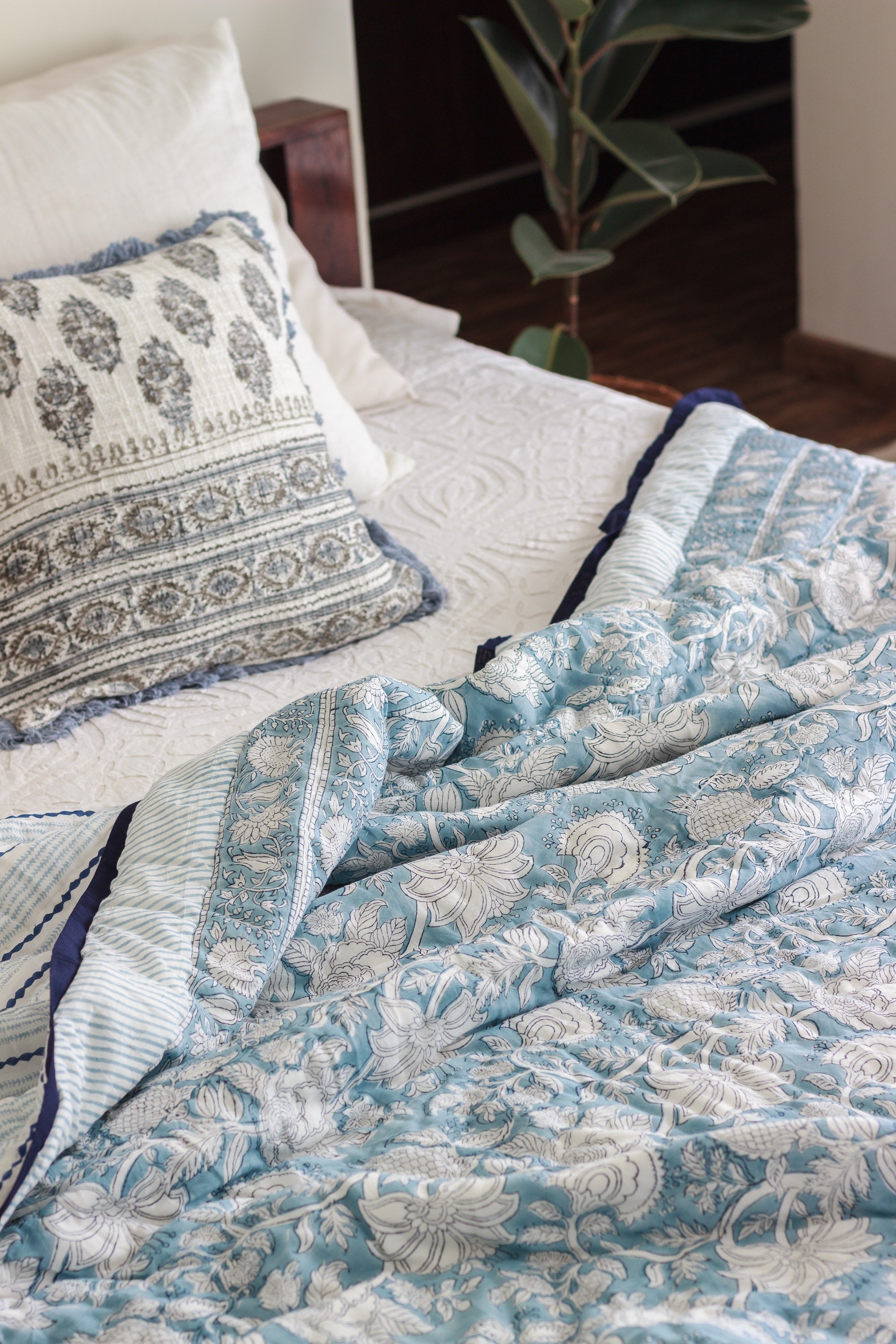 Regal Country Charm: Artisan English Blue Block Print Cotton Quilt
