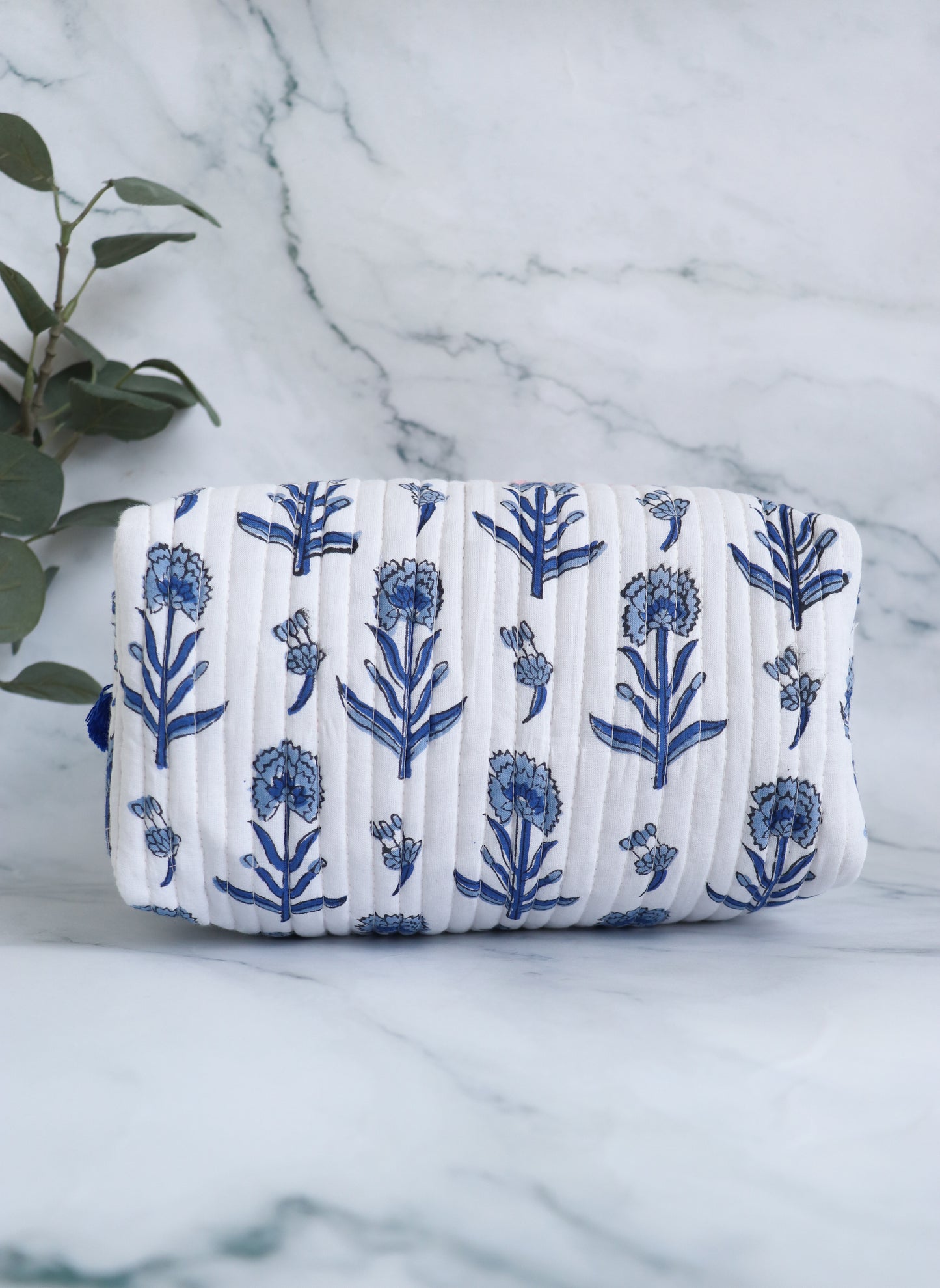 White & Blue Floral Quilted Cosmetic Bag