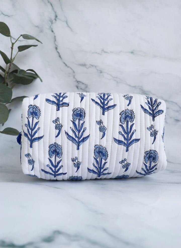 White & Blue Floral Quilted Cosmetic Bag