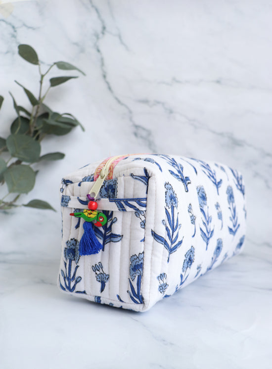 White & Blue Floral Quilted Cosmetic Bag