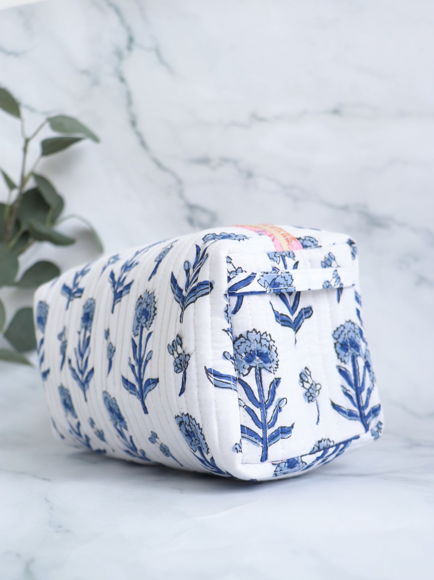 White & Blue Floral Quilted Cosmetic Bag