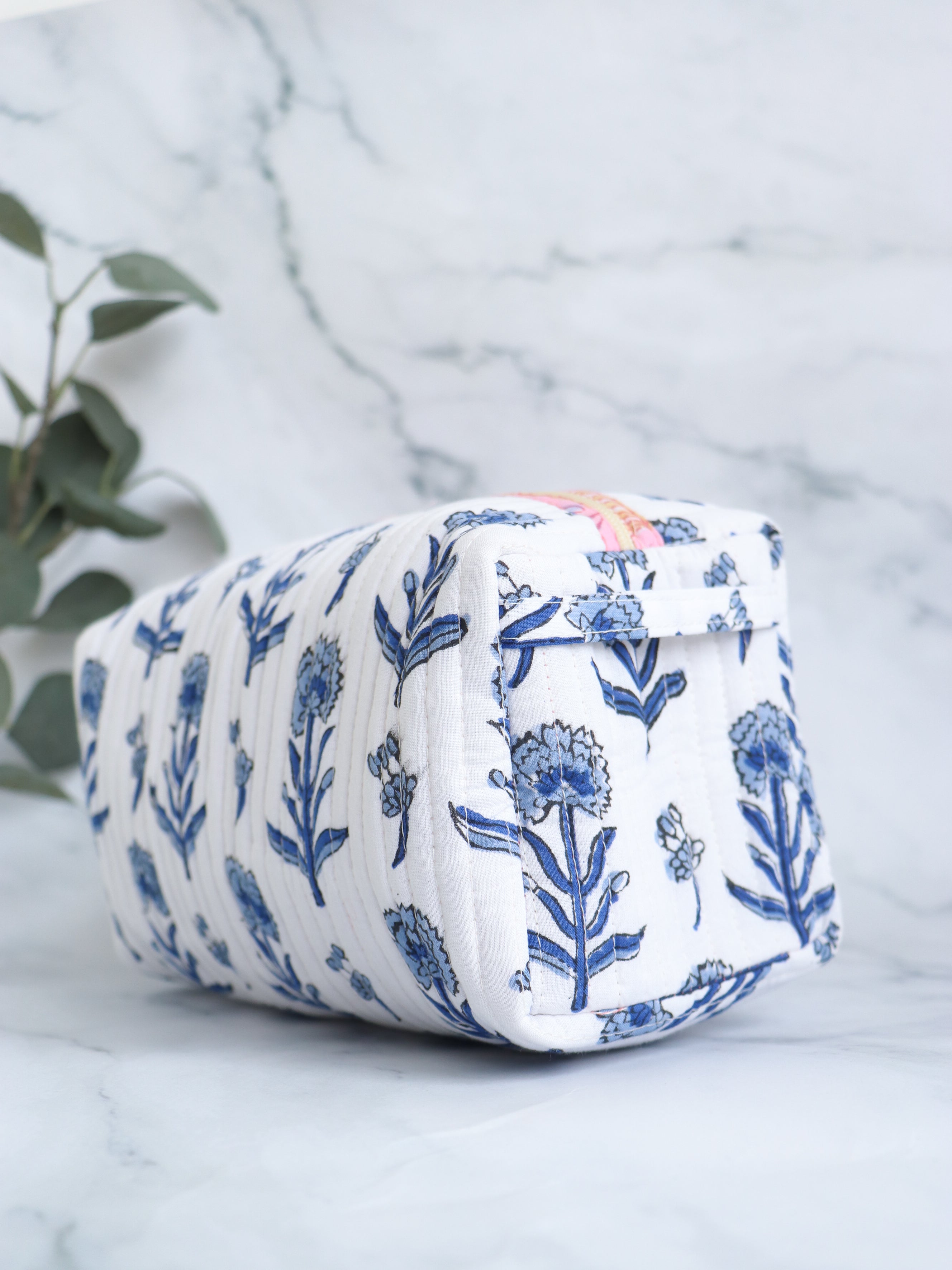 White & Blue Floral Quilted Cosmetic Bag