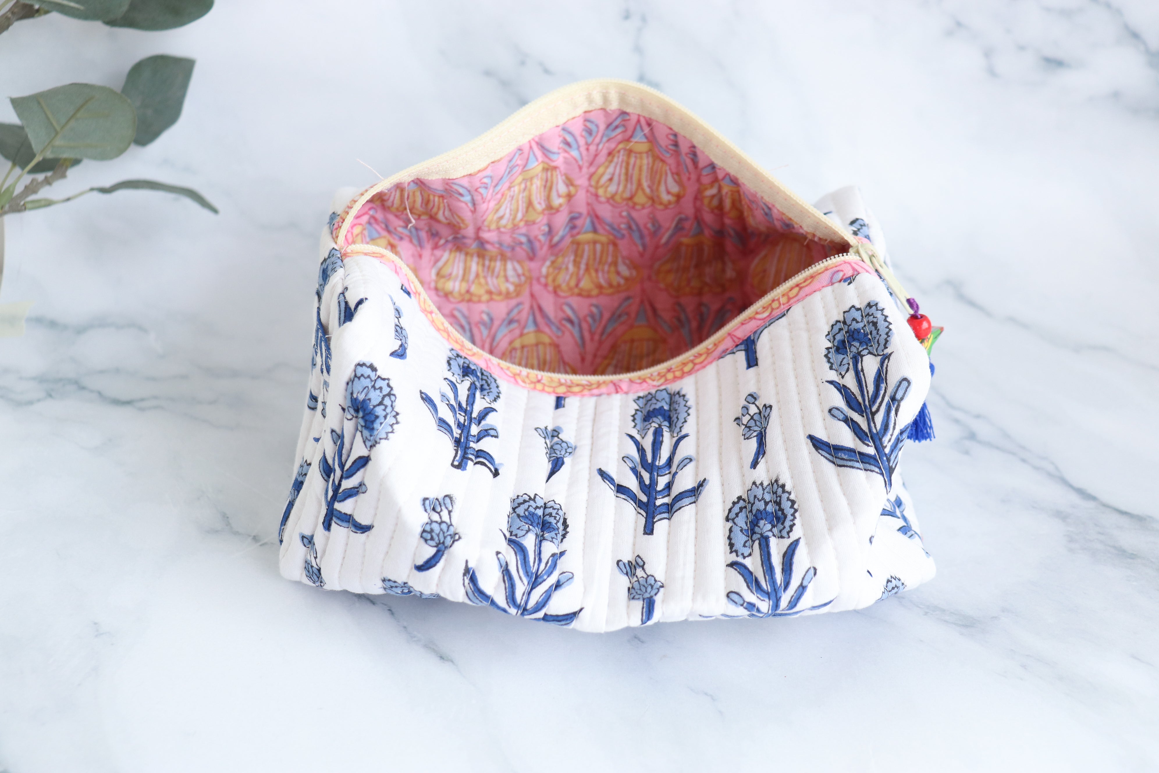 White & Blue Floral Quilted Cosmetic Bag