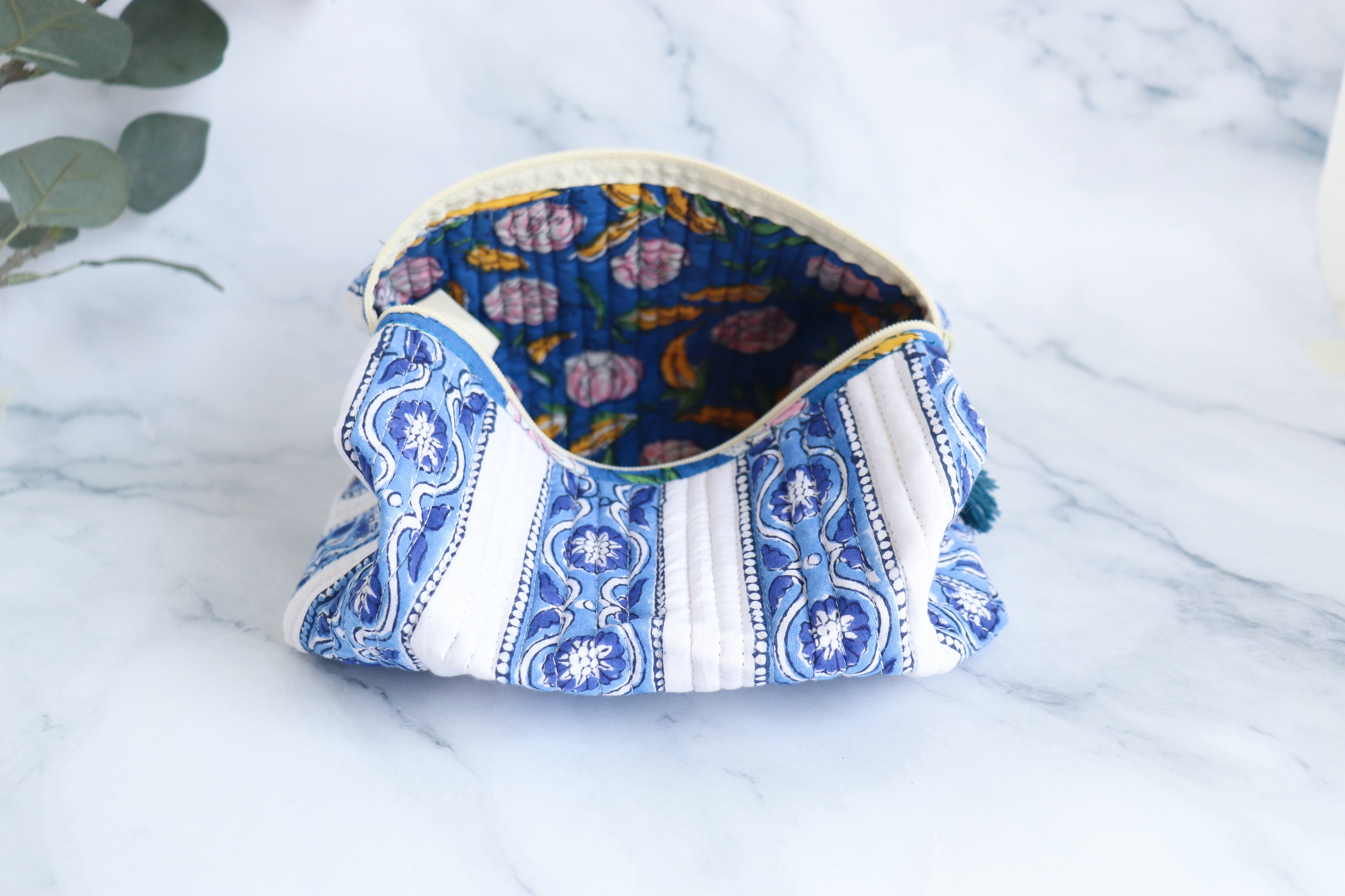 Blue & White Block Print Cosmetic Bag