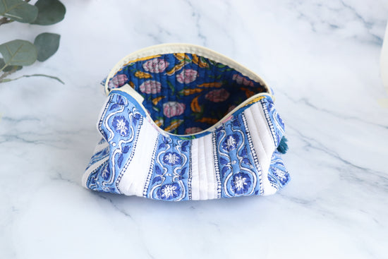 Blue & White Block Print Cosmetic Bag