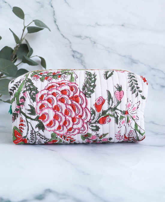 White, Red & Green Floral Quilted Cosmetic Bag