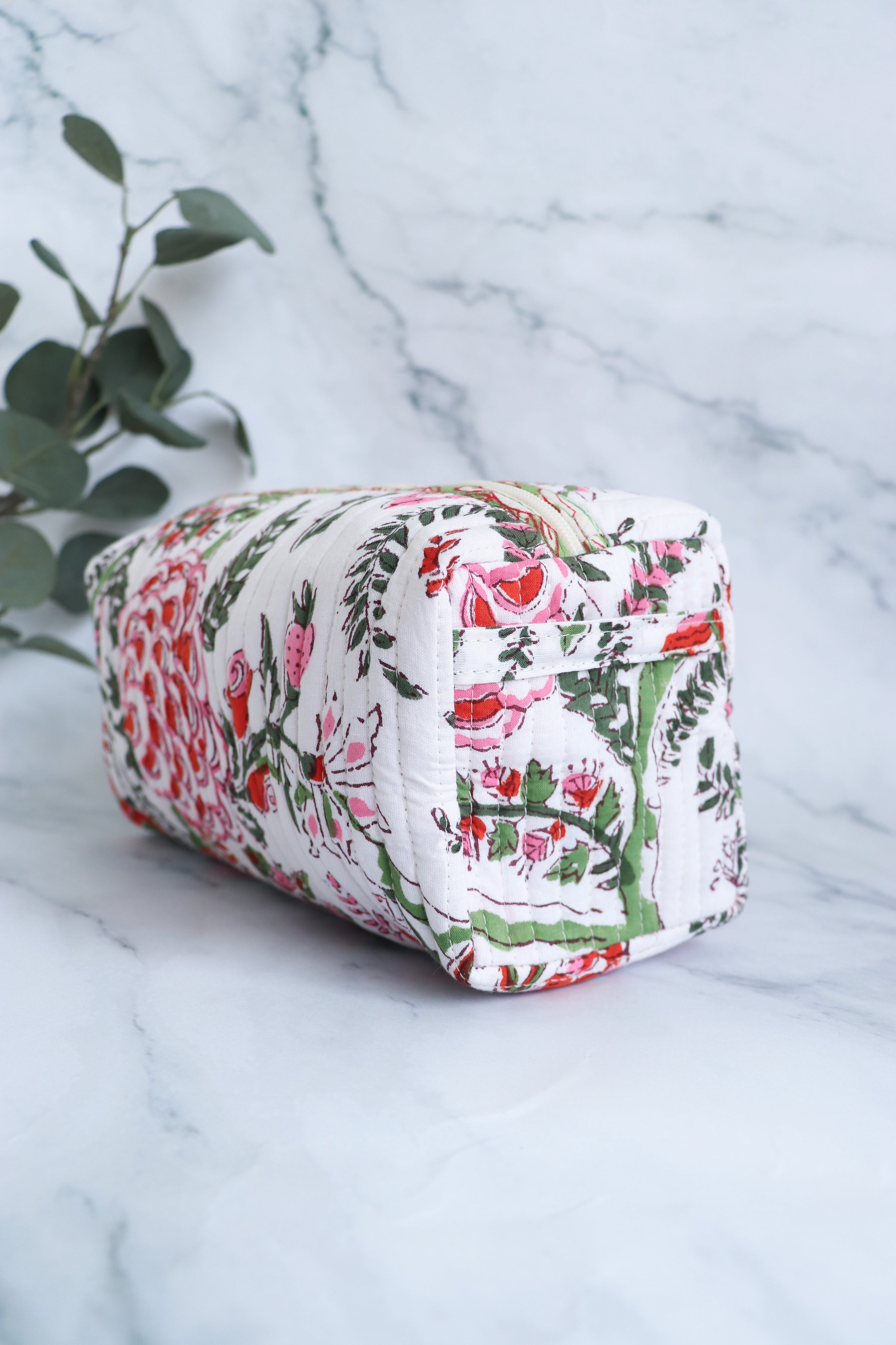 White, Red & Green Floral Quilted Cosmetic Bag