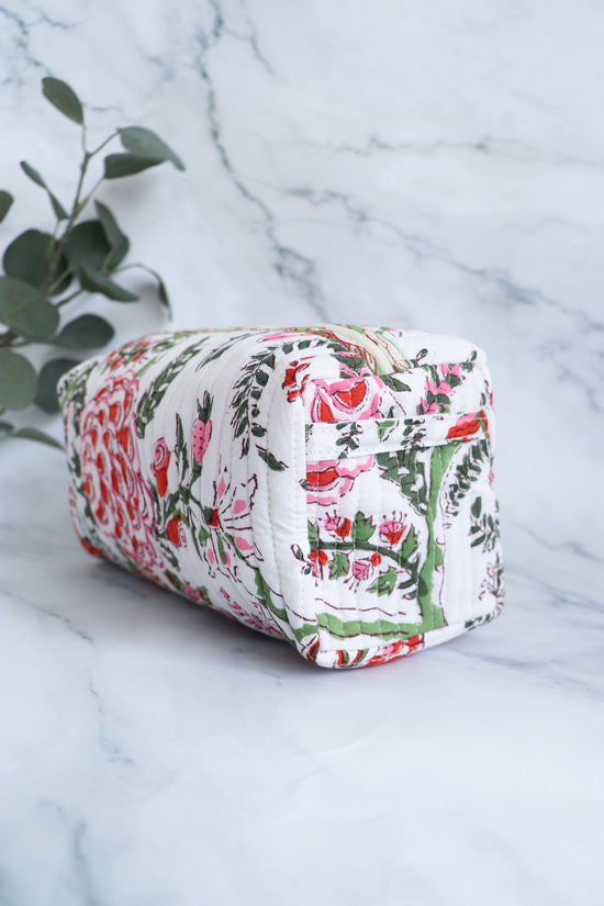 White, Red & Green Floral Quilted Cosmetic Bag