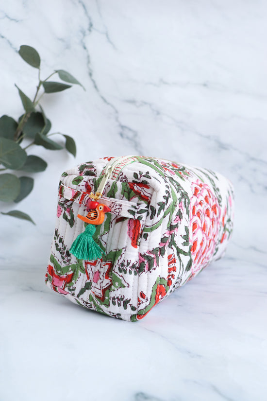 White, Red & Green Floral Quilted Cosmetic Bag