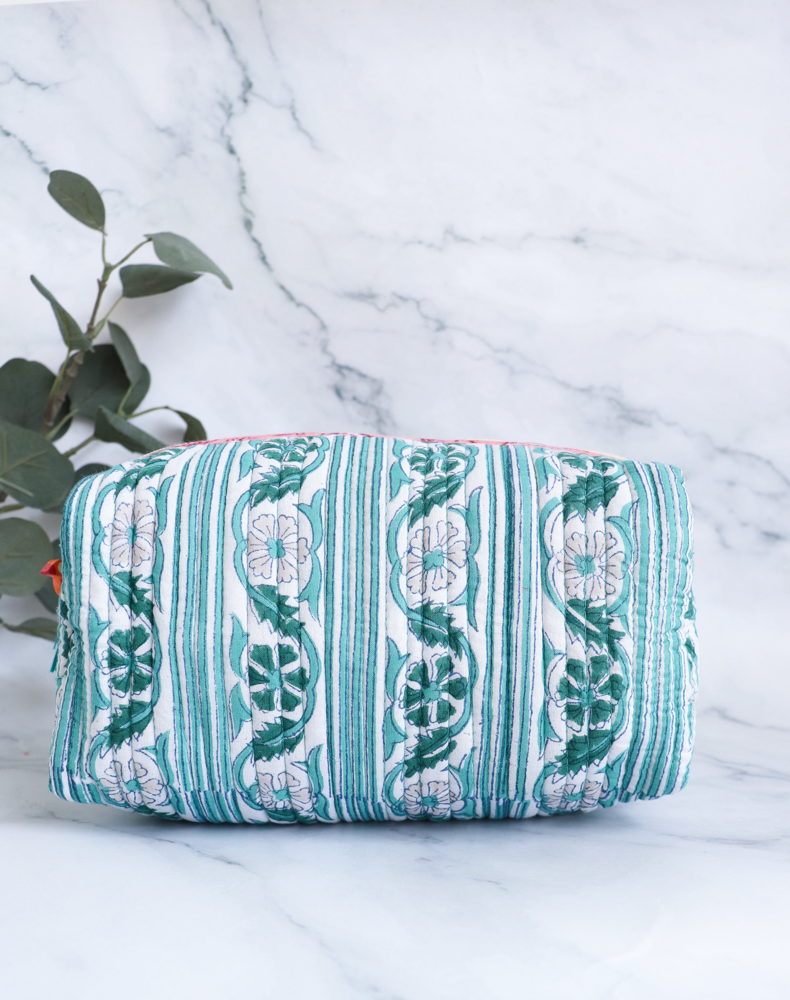 White & Green Floral Quilted Cosmetic Bag