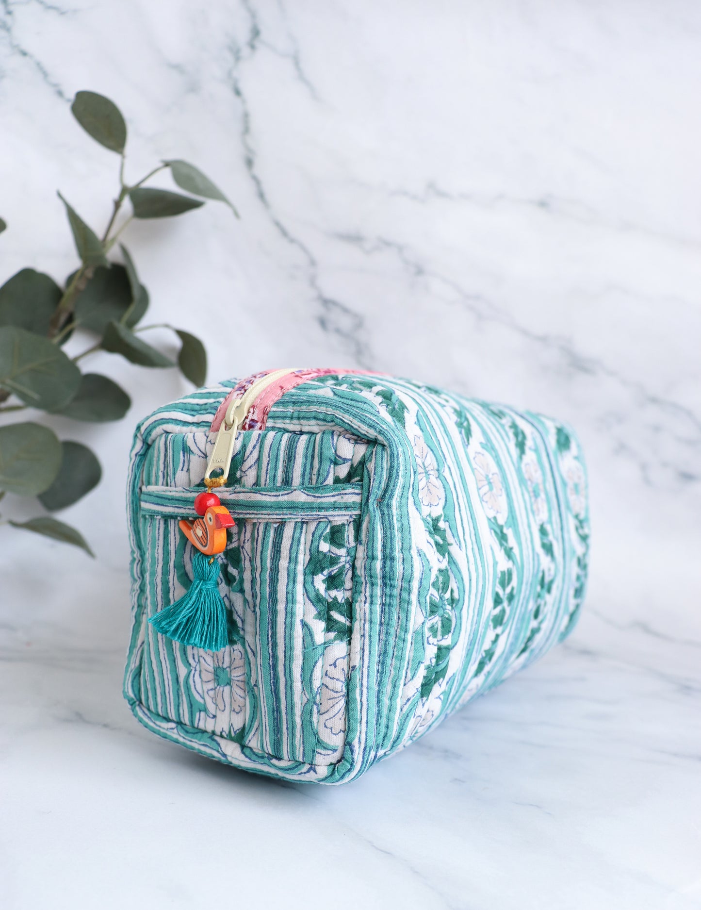 White & Green Floral Quilted Cosmetic Bag