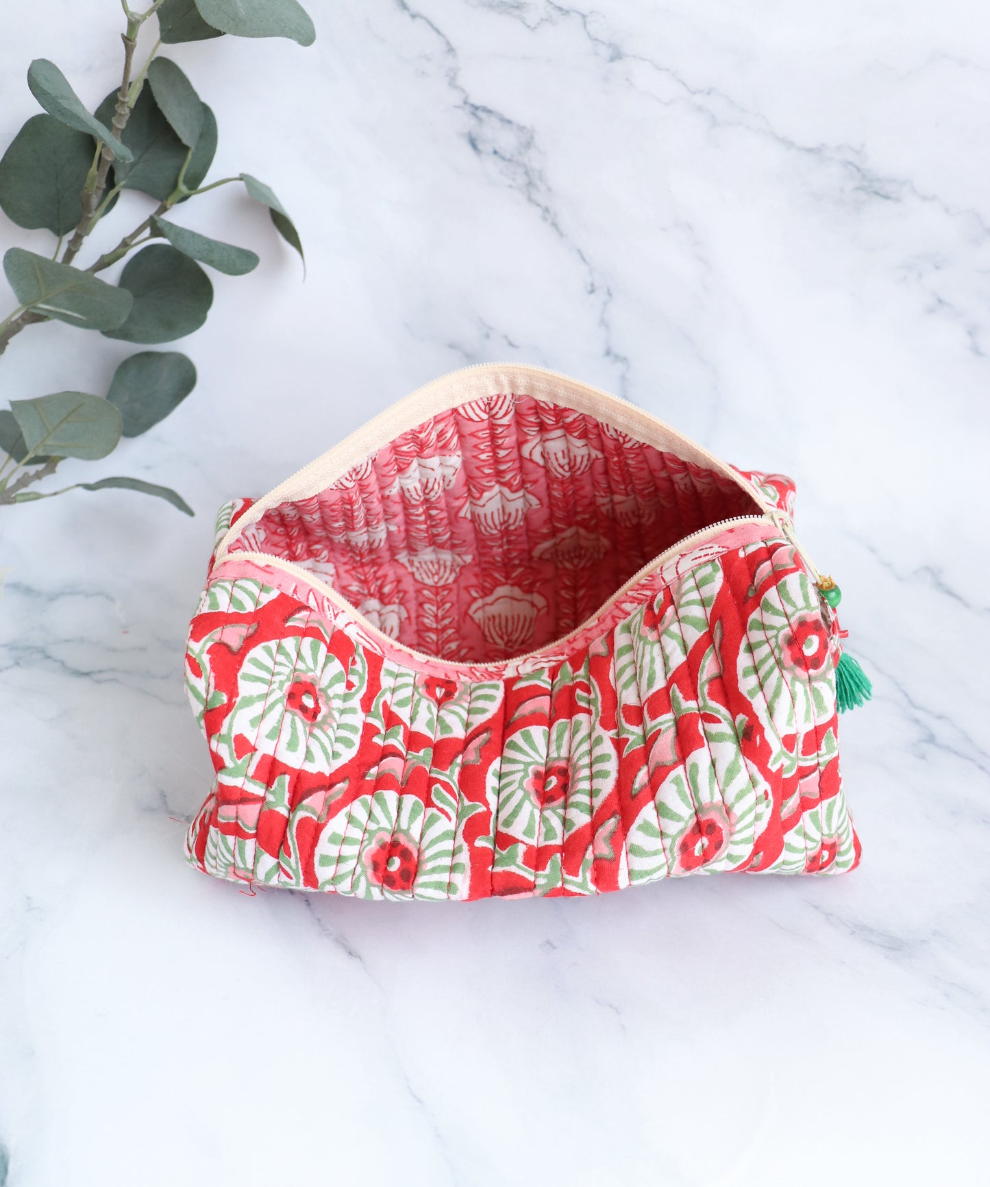 Red Floral Quilted Cosmetic Bag