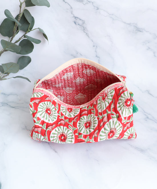 Red Floral Quilted Cosmetic Bag