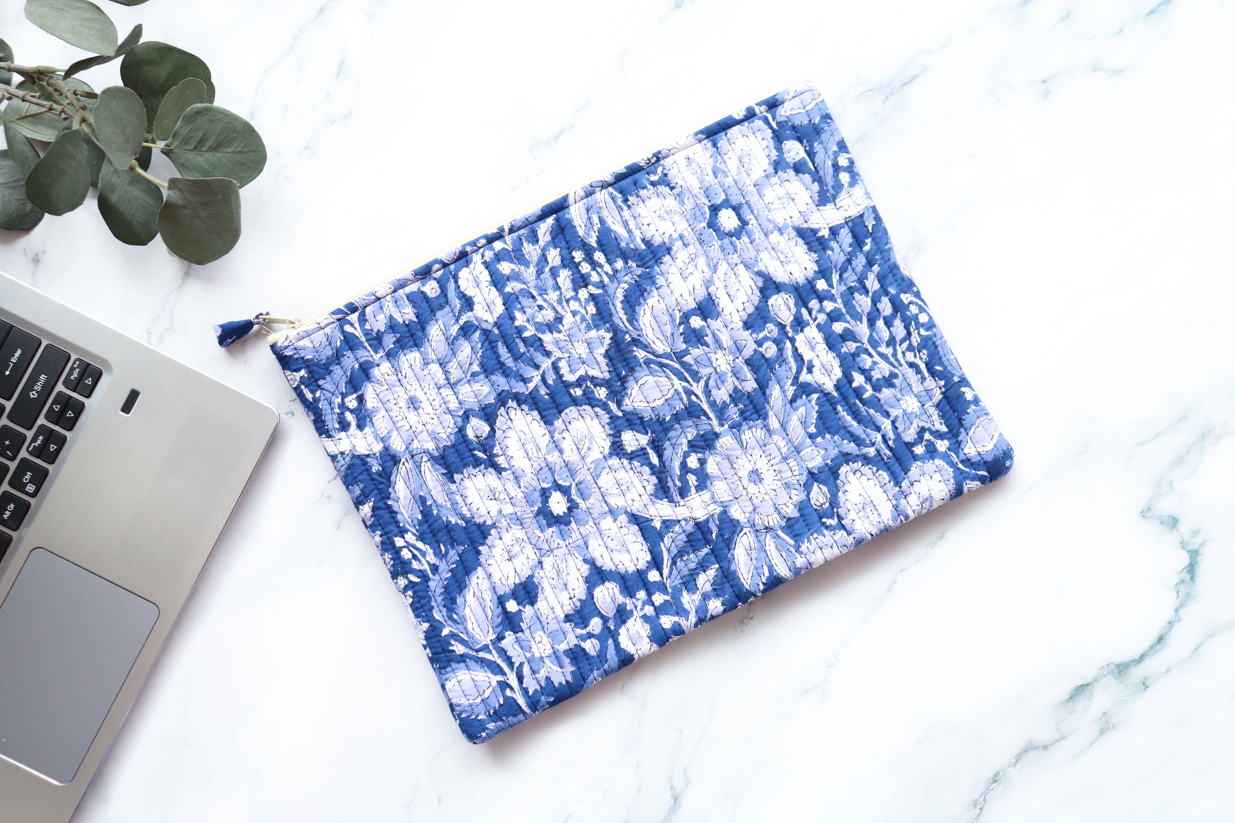 White & Blue Quilted Laptop Sleeve