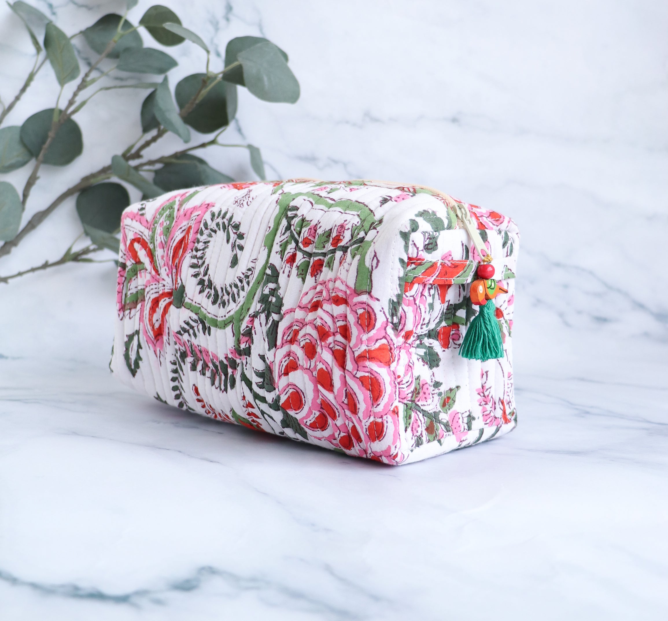 White, Red & Green Floral Quilted Cosmetic Bag