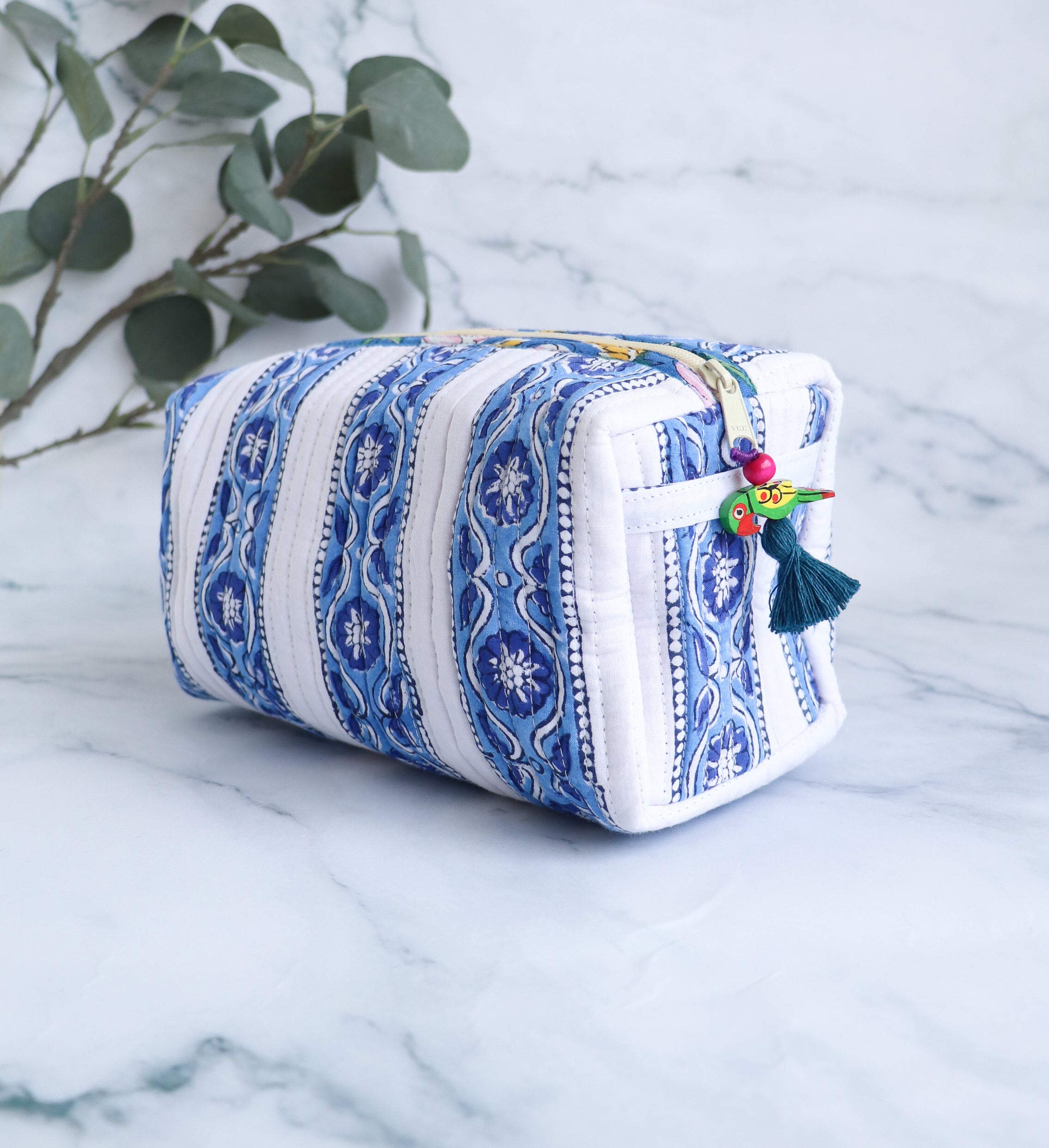 Blue & White Block Print Cosmetic Bag