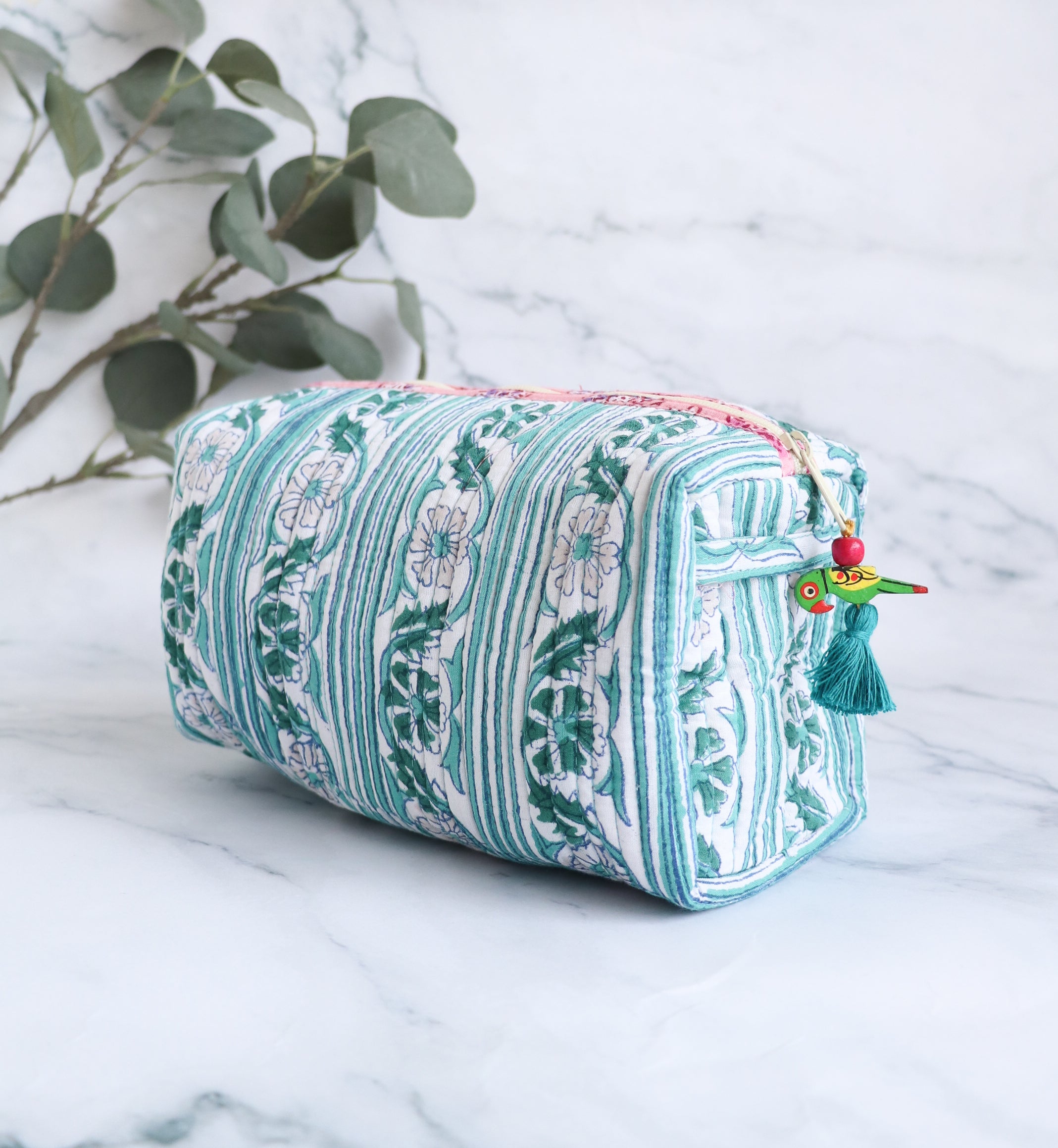 White & Green Floral Quilted Cosmetic Bag