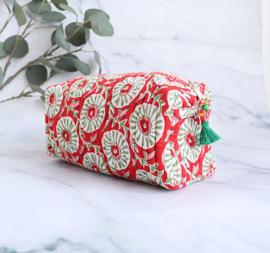 Red Floral Quilted Cosmetic Bag