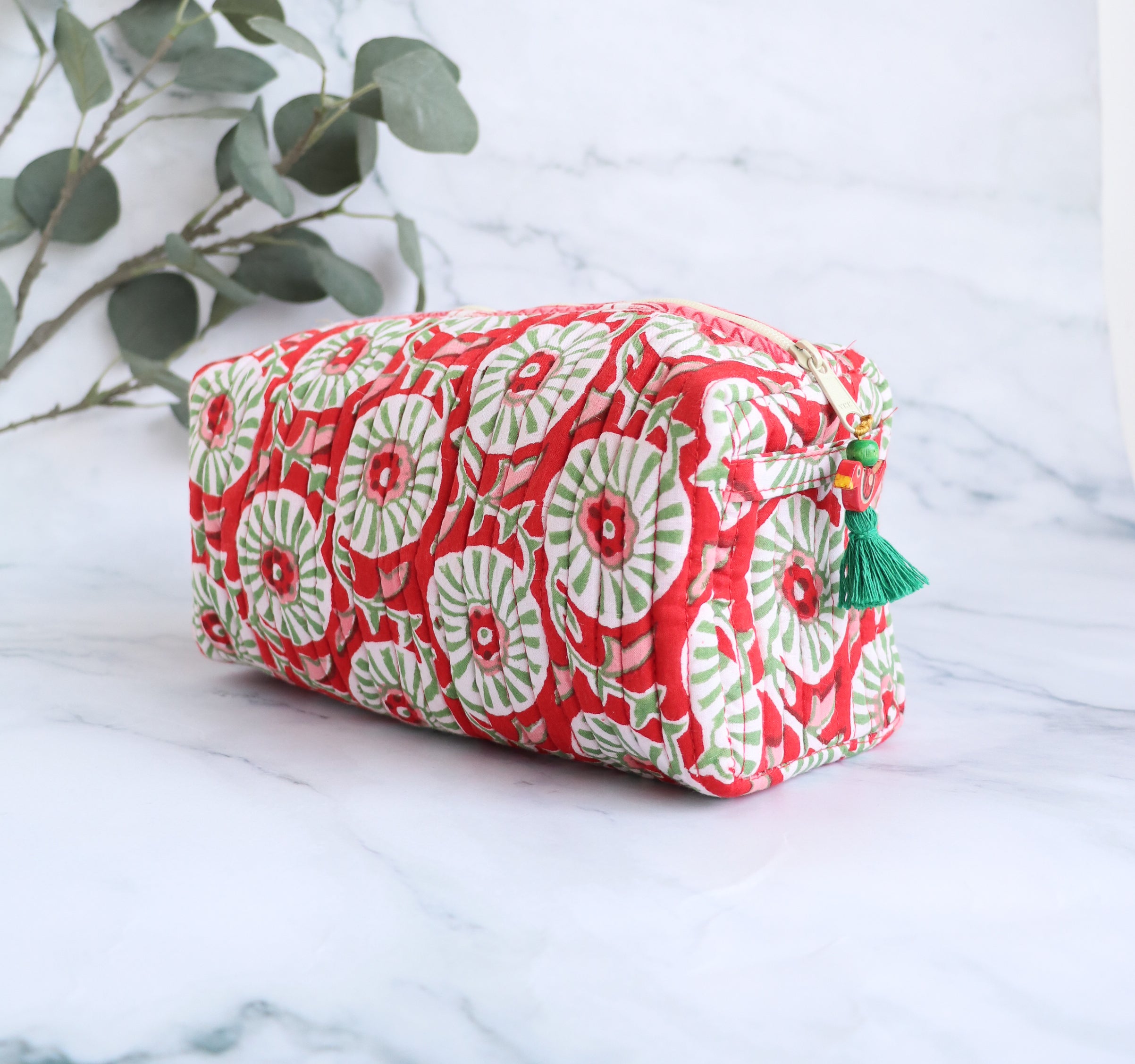Red Floral Quilted Cosmetic Bag