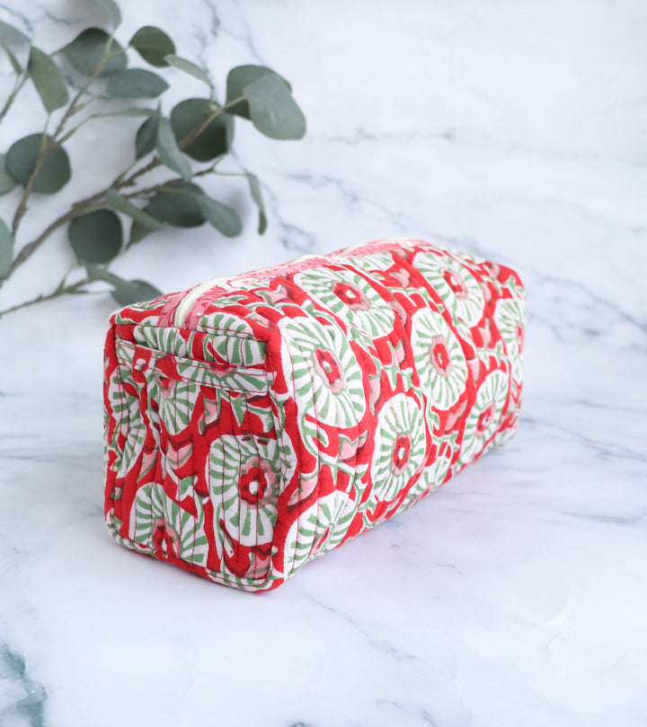 Red Floral Quilted Cosmetic Bag