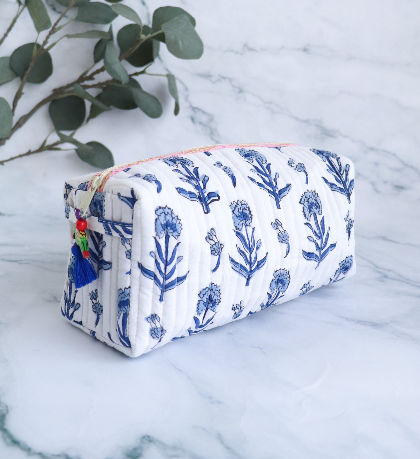 White & Blue Floral Quilted Cosmetic Bag