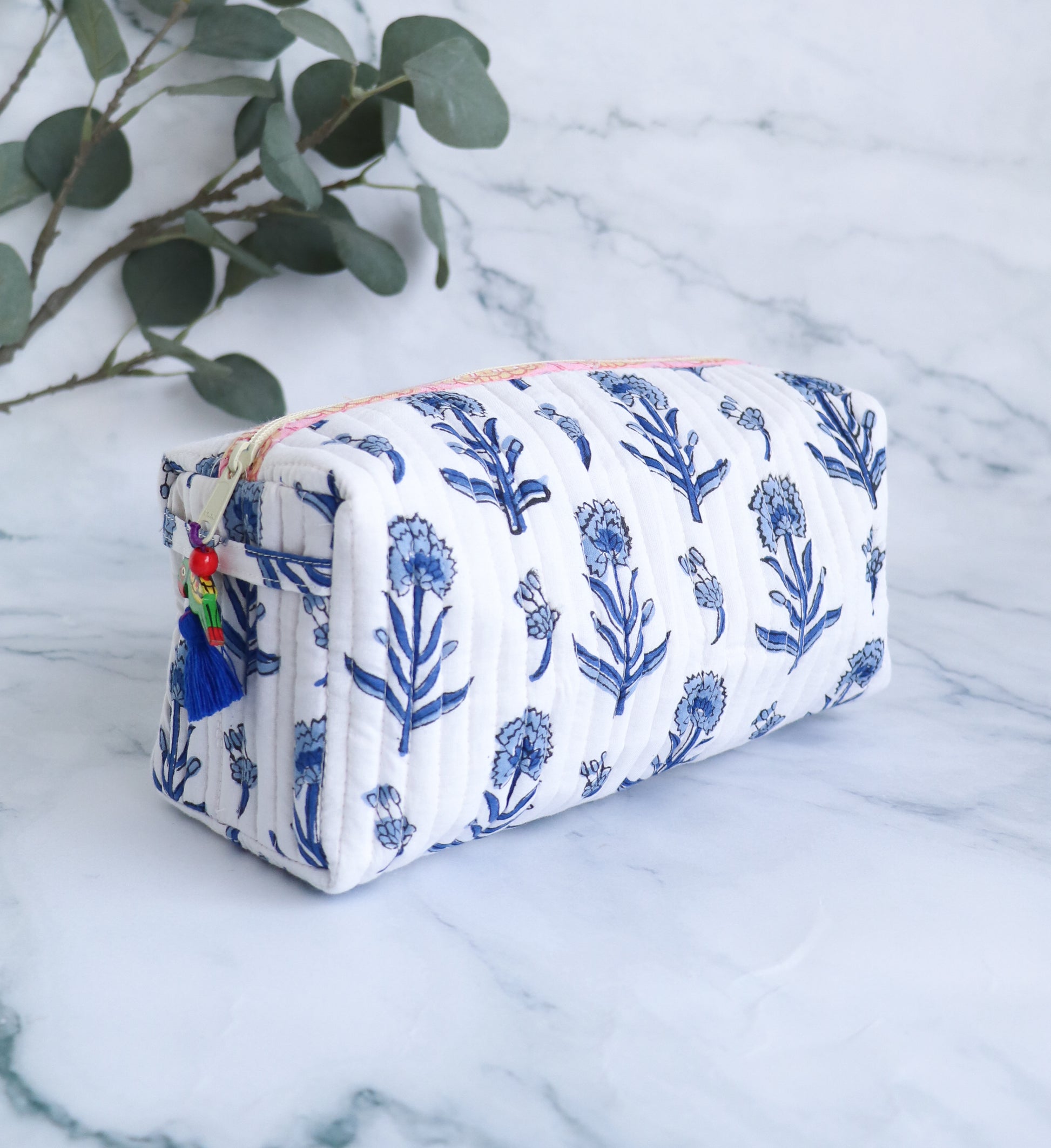 White & Blue Floral Quilted Cosmetic Bag