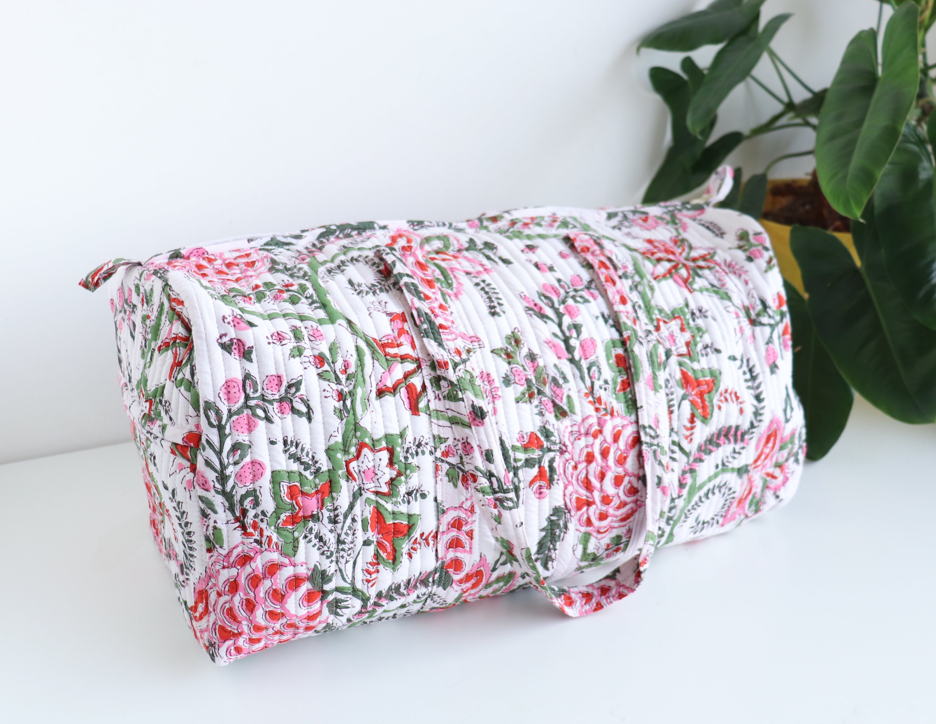 Floral Duffle Bag -  White & Red Travel bag