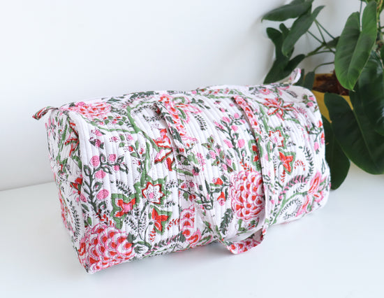 Floral Duffle Bag -  White & Red Travel bag