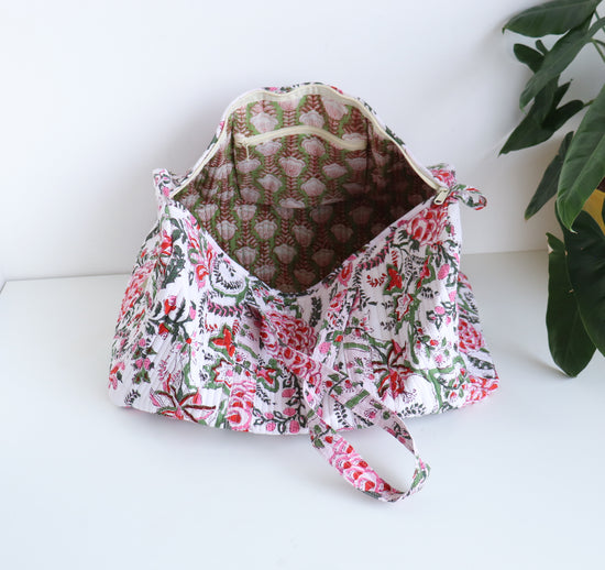 Floral Duffle Bag -  White & Red Travel bag