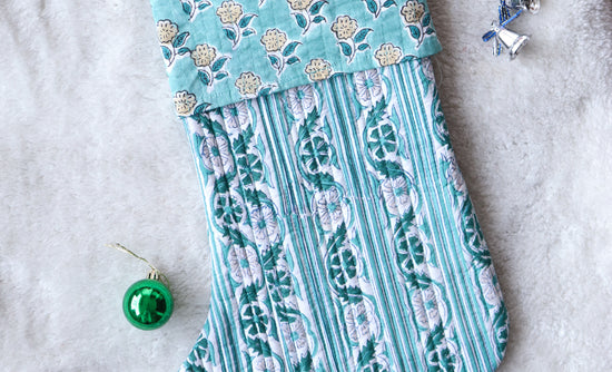 White & Green Block Print Christmas Stocking