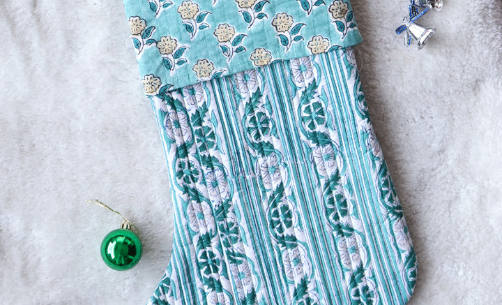 White & Green Block Print Christmas Stocking
