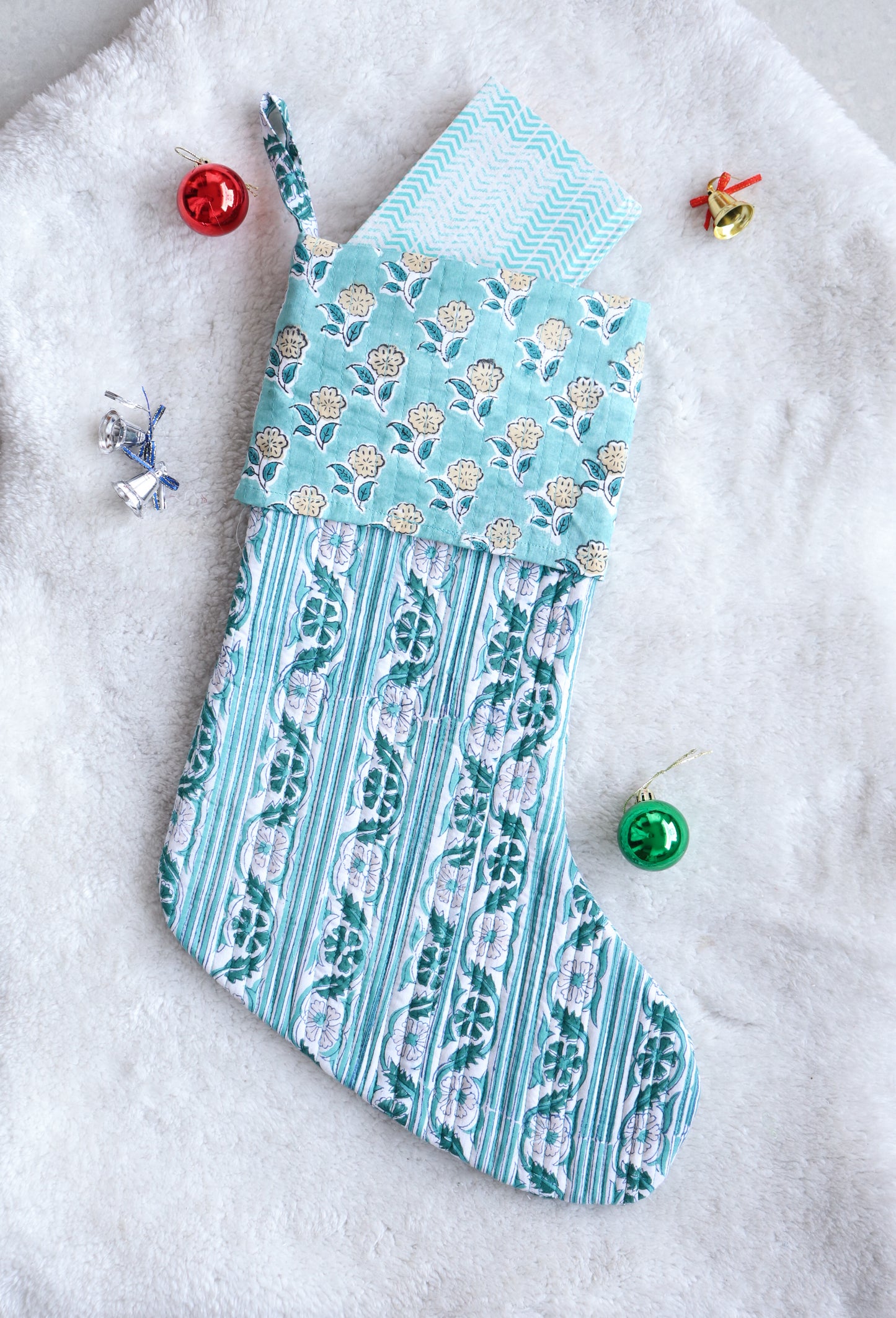 White & Green Block Print Christmas Stocking