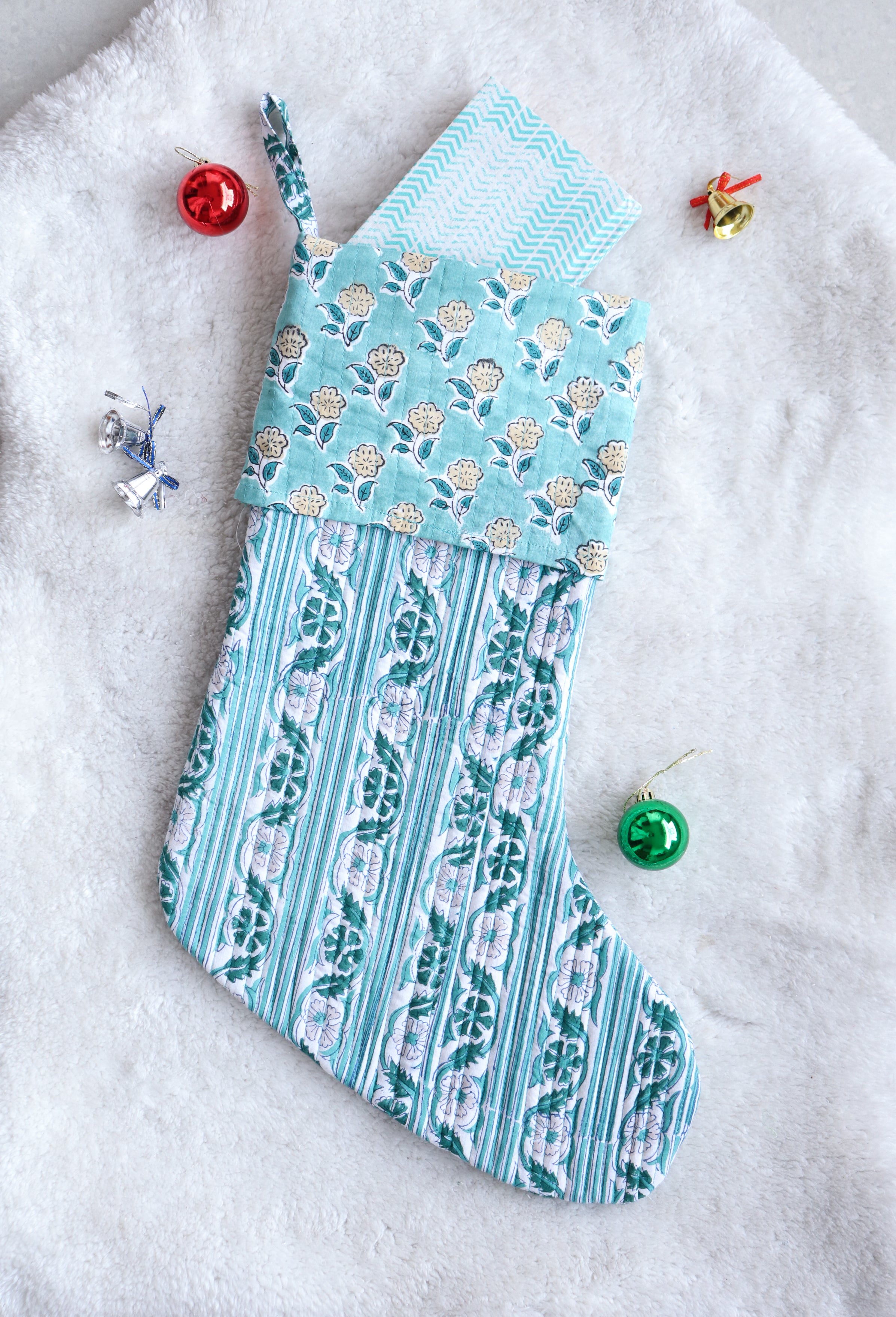 White & Green Block Print Christmas Stocking