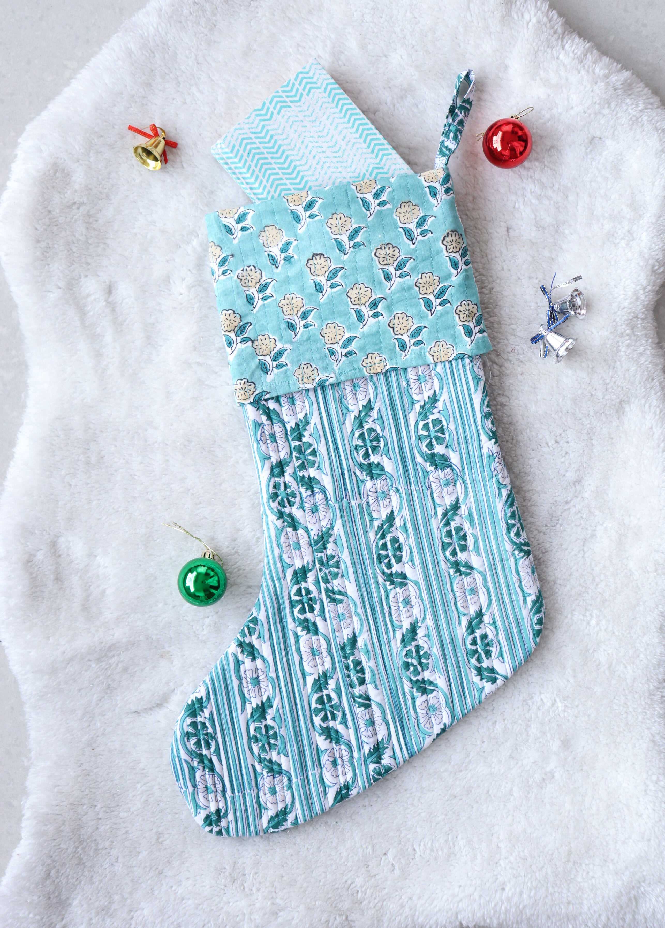 White & Green Block Print Christmas Stocking
