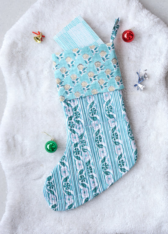 White & Green Block Print Christmas Stocking