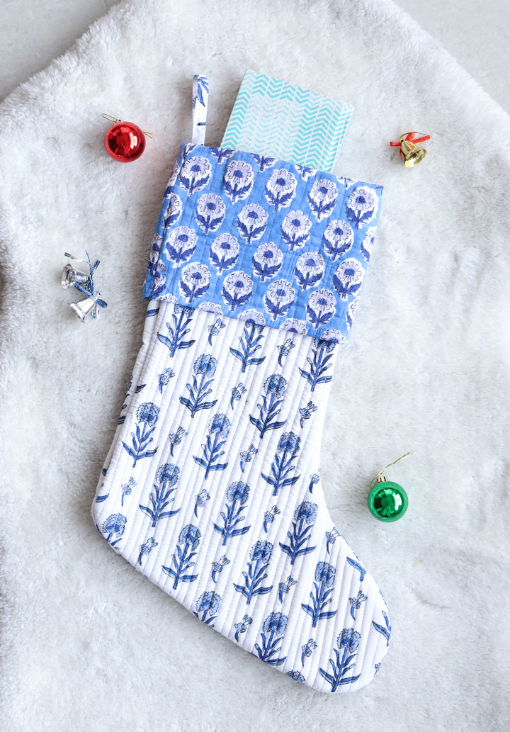 White & Blue Festive Handmade Cotton Stocking