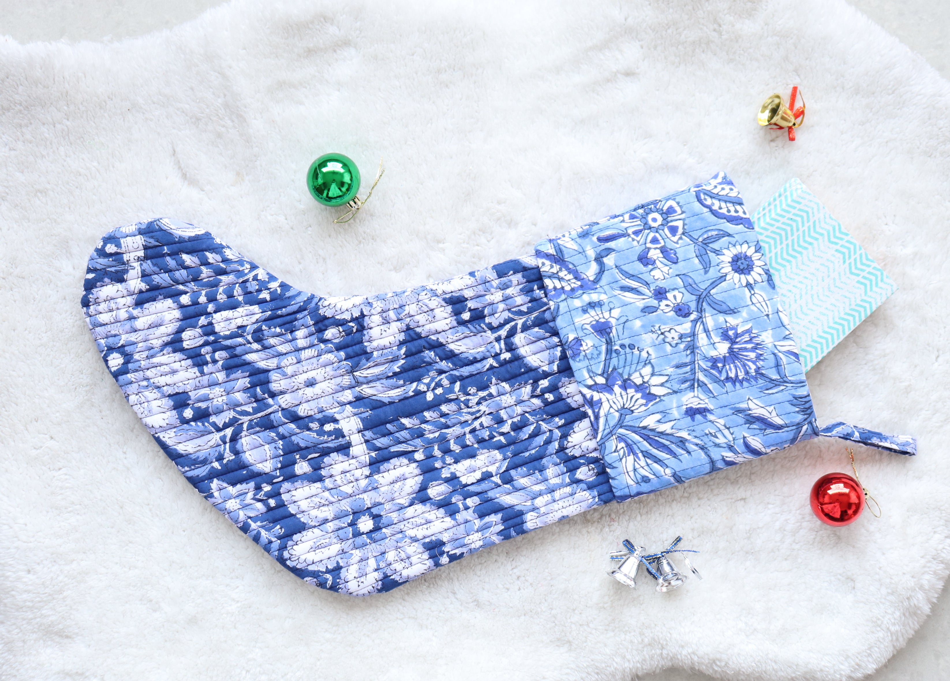 Blue Festive Handmade Cotton Stocking