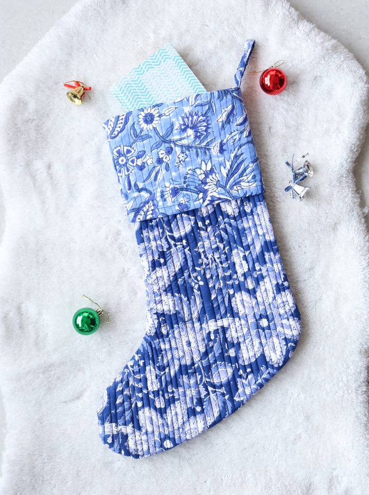 Blue Festive Handmade Cotton Stocking