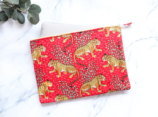 Red Leopard Laptop Sleeve - Safari Cotton Quilted Case MacBook and Tablet
