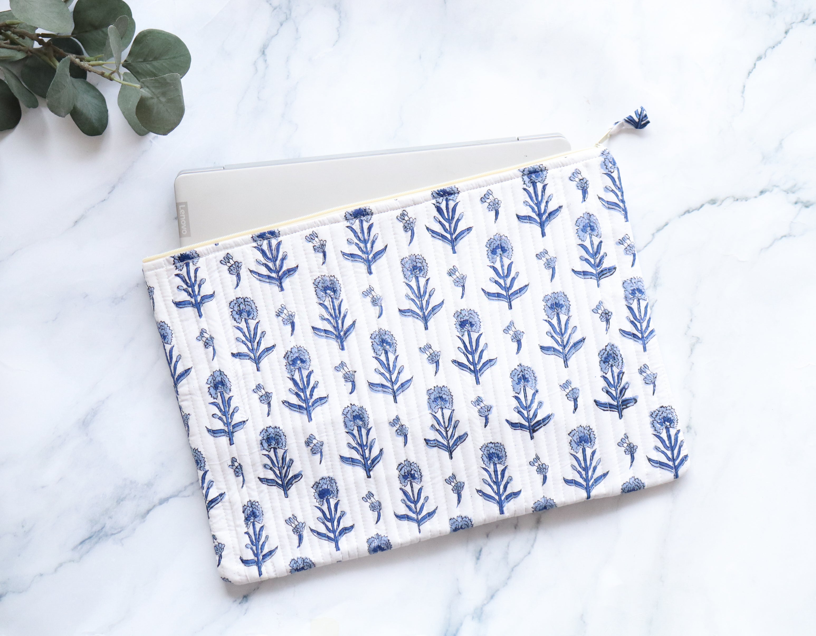 White and Blue Laptop Sleeve - Floral Cotton Quilted Case MacBook and Tablet