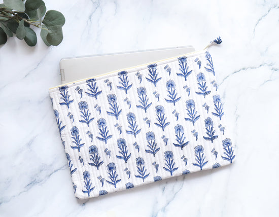 White and Blue Laptop Sleeve - Floral Cotton Quilted Case MacBook and Tablet