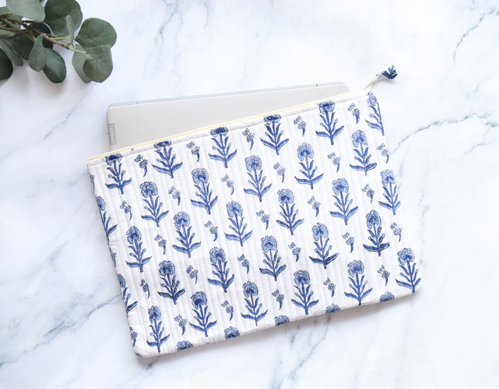 White and Blue Laptop Sleeve - Floral Cotton Quilted Case MacBook and Tablet