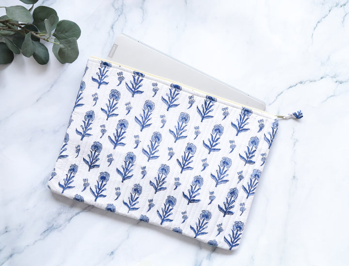 White and Blue Laptop Sleeve - Floral Cotton Quilted Case MacBook and Tablet